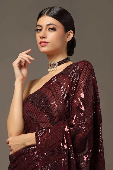 Two Sisters By Gyans Maroon Georgette Sequins, Stripe Embroidered Saree With Unstitched Blouse Piece Online at Aza Fashions Two Sisters By Gyans_Maroon Georgette Sequins, Stripe Embroidered Saree With Unstitched Blouse Piece _Online_at_Aza_Fashions