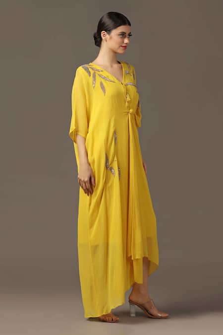 Two Sisters By Gyans Yellow Silk Sequins, Cut Work V-neck Leaf Placement Embroidered Draped Dress Online at Aza Fashions Two Sisters By Gyans_Yellow Silk Sequins, Cut Work V-neck Leaf Placement Embroidered Draped Dress _Online_at_Aza_Fashions