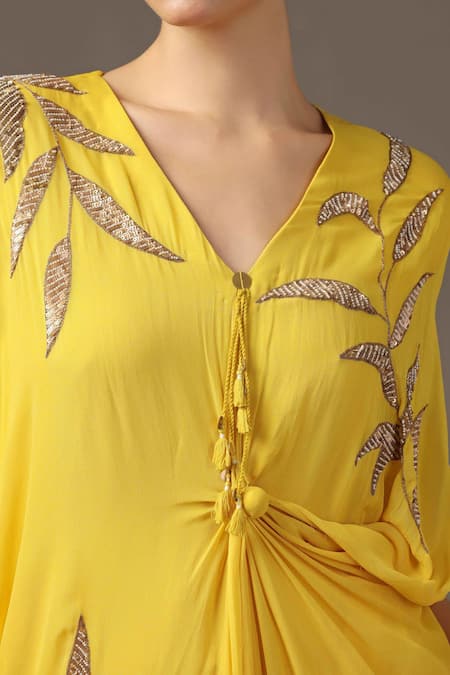 Buy Two Sisters By Gyans Yellow Silk Sequins, Cut Work V-neck Leaf Placement Embroidered Draped Dress Online at Aza Fashions Buy_Two Sisters By Gyans_Yellow Silk Sequins, Cut Work V-neck Leaf Placement Embroidered Draped Dress _Online_at_Aza_Fashions
