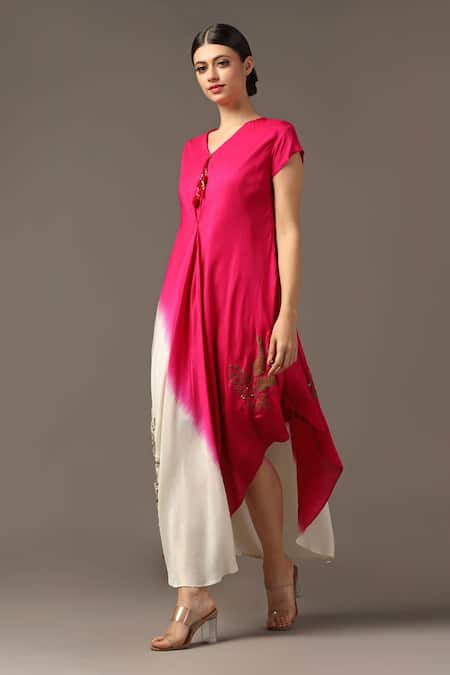 Two Sisters By Gyans_Pink Silk Embroidery V-neck Placement Layered Dress _Online_at_Aza_Fashions