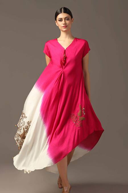 Buy_Two Sisters By Gyans_Pink Silk Embroidery V-neck Placement Layered Dress _Online_at_Aza_Fashions