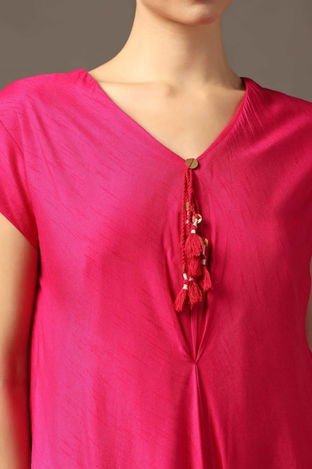 Buy_Two Sisters By Gyans_Pink Silk Embroidery V-neck Placement Layered Dress 