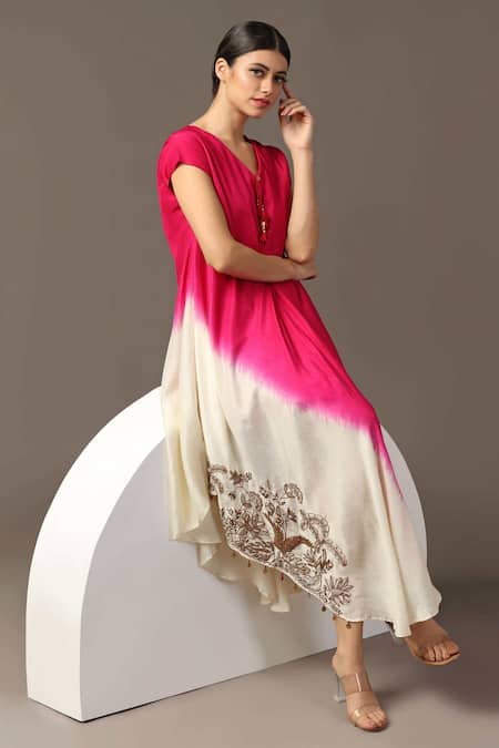 Shop_Two Sisters By Gyans_Pink Silk Embroidery V-neck Placement Layered Dress 