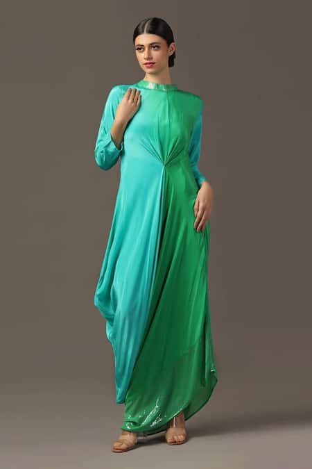 Two Sisters By Gyans Ombre Neckline Embroidered Draped Dress 