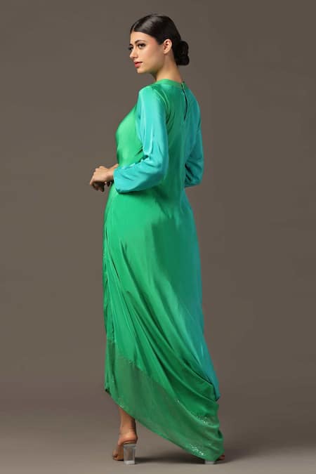 Shop Two Sisters By Gyans Green Satin Sequins Round Neck Ombre Neckline Embroidered Draped Dress at Aza Fashions Shop_Two Sisters By Gyans_Green Satin Sequins Round Neck Ombre Neckline Embroidered Draped Dress _at_Aza_Fashions