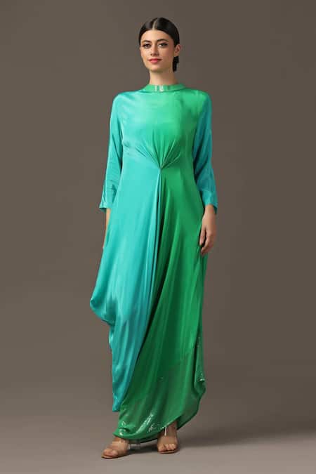 Two Sisters By Gyans Green Satin Sequins Round Neck Ombre Neckline Embroidered Draped Dress Online at Aza Fashions Two Sisters By Gyans_Green Satin Sequins Round Neck Ombre Neckline Embroidered Draped Dress _Online_at_Aza_Fashions