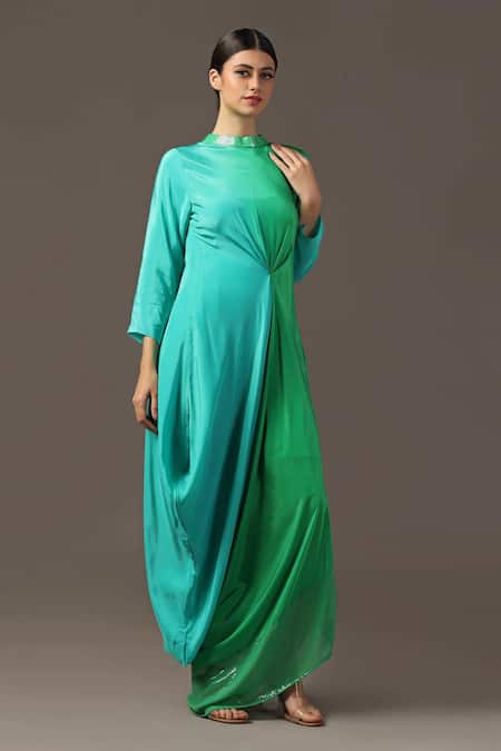 Buy Two Sisters By Gyans Green Satin Sequins Round Neck Ombre Neckline Embroidered Draped Dress Online at Aza Fashions Buy_Two Sisters By Gyans_Green Satin Sequins Round Neck Ombre Neckline Embroidered Draped Dress _Online_at_Aza_Fashions