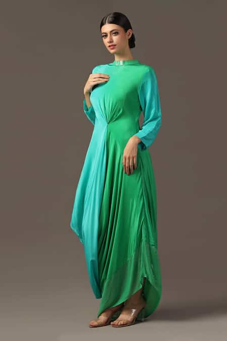 Shop Two Sisters By Gyans Green Satin Sequins Round Neck Ombre Neckline Embroidered Draped Dress Online at Aza Fashions Shop_Two Sisters By Gyans_Green Satin Sequins Round Neck Ombre Neckline Embroidered Draped Dress _Online_at_Aza_Fashions