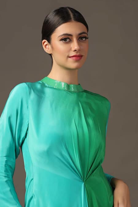 Two Sisters By Gyans Green Satin Sequins Round Neck Ombre Neckline Embroidered Draped Dress at Aza Fashions Two Sisters By Gyans_Green Satin Sequins Round Neck Ombre Neckline Embroidered Draped Dress _at_Aza_Fashions