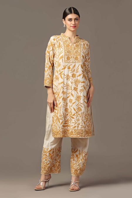 Buy_Two Sisters By Gyans_Beige Silk, Organza Embroidery Mandarin Collar Parsi Thread Work Kurta Set _Online_at_Aza_Fashions