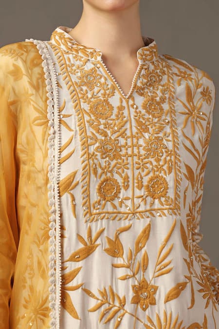 Shop_Two Sisters By Gyans_Beige Silk, Organza Embroidery Mandarin Collar Parsi Thread Work Kurta Set _Online_at_Aza_Fashions
