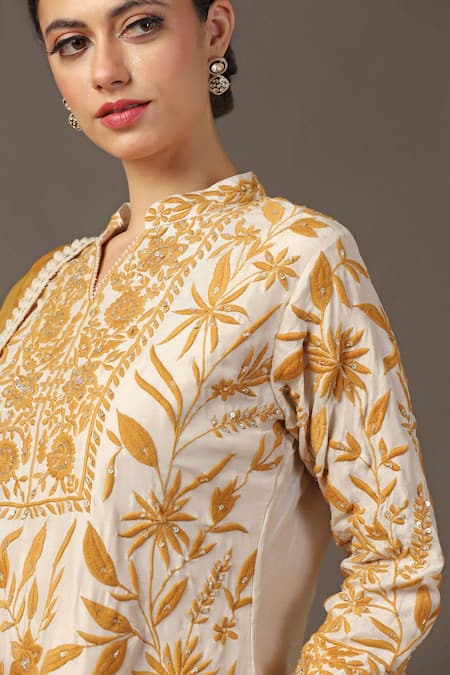 Two Sisters By Gyans_Beige Silk, Organza Embroidery Mandarin Collar Parsi Thread Work Kurta Set _at_Aza_Fashions