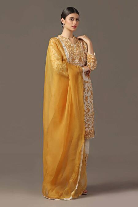 Buy_Two Sisters By Gyans_Beige Silk, Organza Embroidery Mandarin Collar Parsi Thread Work Kurta Set 
