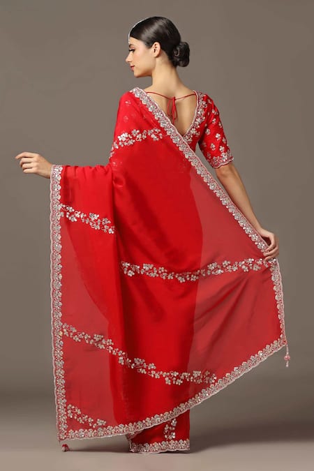 Shop Two Sisters By Gyans Red Satin, Silk Gota Patti Scoop Neck Border Embellished Saree With Blouse at Aza Fashions Shop_Two Sisters By Gyans_Red Satin, Silk Gota Patti Scoop Neck Border Embellished Saree With Blouse _at_Aza_Fashions