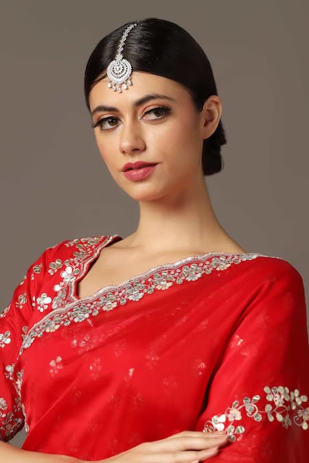 Two Sisters By Gyans Red Satin, Silk Gota Patti Scoop Neck Border Embellished Saree With Blouse Online at Aza Fashions Two Sisters By Gyans_Red Satin, Silk Gota Patti Scoop Neck Border Embellished Saree With Blouse _Online_at_Aza_Fashions