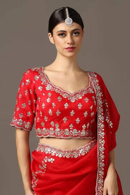 Buy Two Sisters By Gyans Red Satin, Silk Gota Patti Scoop Neck Border Embellished Saree With Blouse Online at Aza Fashions Buy_Two Sisters By Gyans_Red Satin, Silk Gota Patti Scoop Neck Border Embellished Saree With Blouse _Online_at_Aza_Fashions