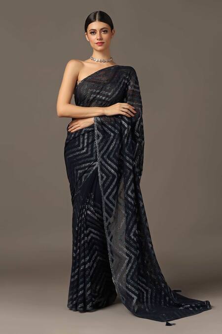 Two Sisters By Gyans_Black Georgette Sequins Chevron Embroidered Saree With Unstitched Blouse Piece_Online_at_Aza_Fashions