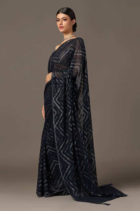 Buy_Two Sisters By Gyans_Black Georgette Sequins Chevron Embroidered Saree With Unstitched Blouse Piece_Online_at_Aza_Fashions