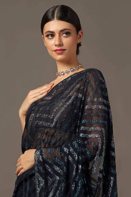 Shop_Two Sisters By Gyans_Black Georgette Sequins Chevron Embroidered Saree With Unstitched Blouse Piece_Online_at_Aza_Fashions