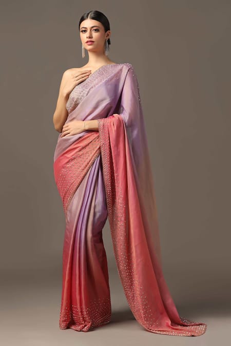 Two Sisters By Gyans Pink Georgette Tissue Embroidery Border Saree With Unstitched Blouse Piece 