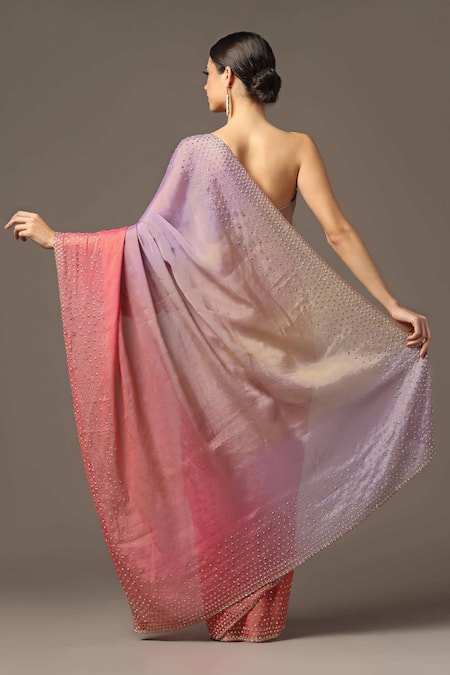 Shop_Two Sisters By Gyans_Pink Georgette, Tissue Cut Border Embroidered Saree With Unstitched Blouse Piece _at_Aza_Fashions