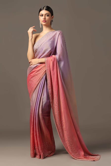 Two Sisters By Gyans_Pink Georgette, Tissue Cut Border Embroidered Saree With Unstitched Blouse Piece _Online_at_Aza_Fashions