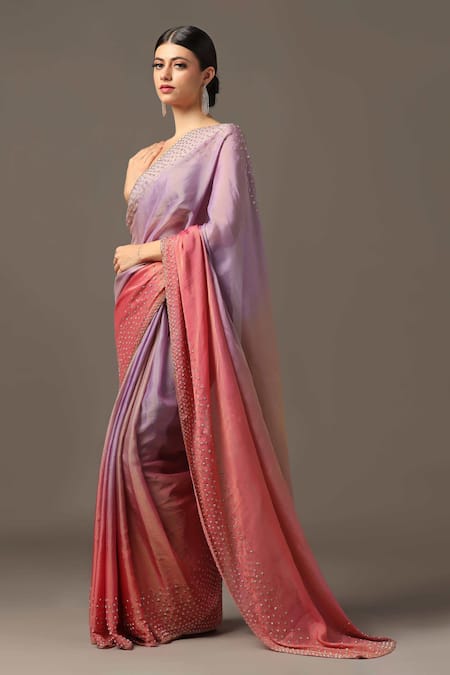 Buy_Two Sisters By Gyans_Pink Georgette, Tissue Cut Border Embroidered Saree With Unstitched Blouse Piece _Online_at_Aza_Fashions