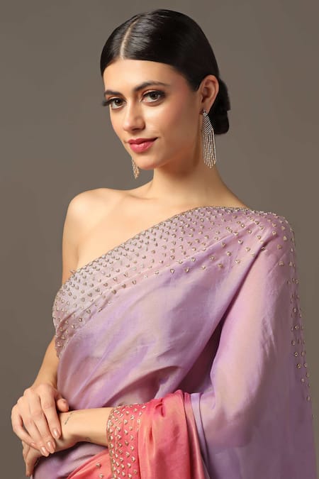 Shop_Two Sisters By Gyans_Pink Georgette, Tissue Cut Border Embroidered Saree With Unstitched Blouse Piece _Online_at_Aza_Fashions