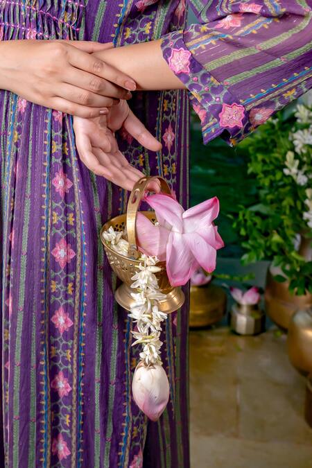 Buy_Baise Gaba_Purple Chiffon, Modal, Satin Embroidery Kalpana Stripe Print Kurta And Pant Set_Online_at_Aza_Fashions