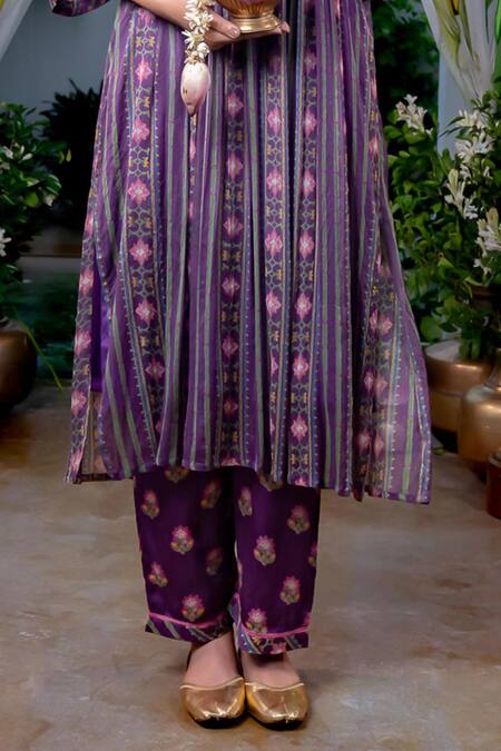 Shop_Baise Gaba_Purple Chiffon, Modal, Satin Embroidery Kalpana Stripe Print Kurta And Pant Set_Online_at_Aza_Fashions