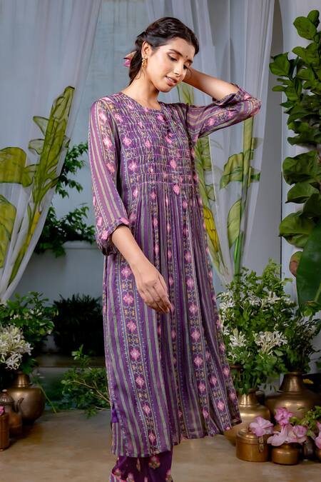 Baise Gaba_Purple Chiffon, Modal, Satin Embroidery Kalpana Stripe Print Kurta And Pant Set_at_Aza_Fashions