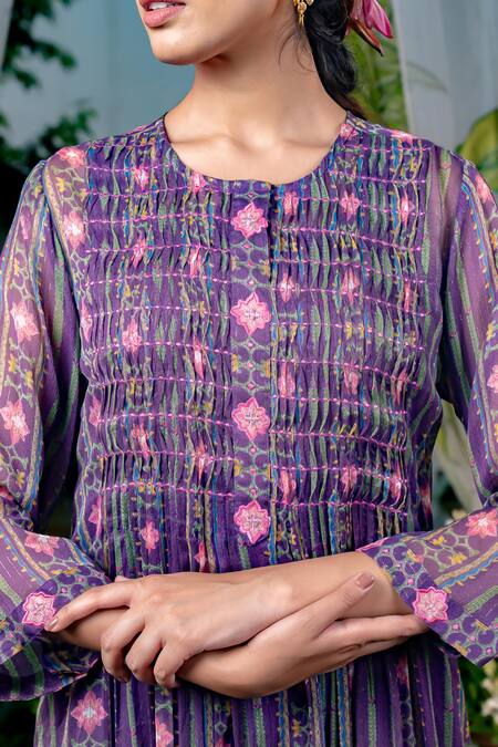 Buy_Baise Gaba_Purple Chiffon, Modal, Satin Embroidery Kalpana Stripe Print Kurta And Pant Set