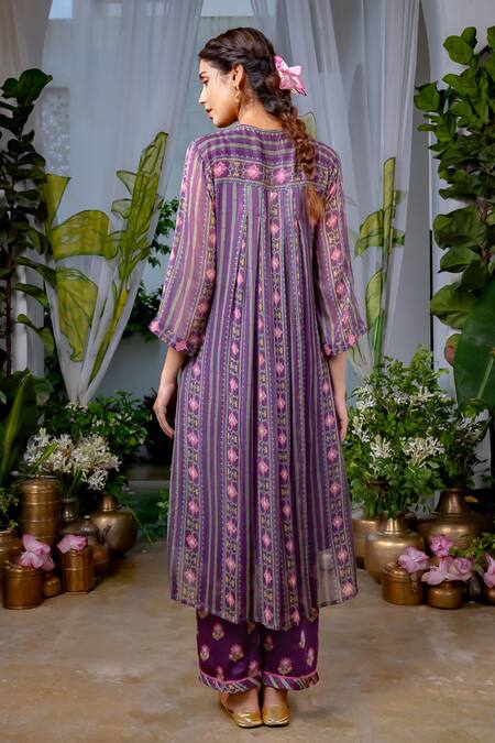 Shop Baise Gaba Purple Chiffon Embroidery Round Neck Kalpana Stripe Print Kurta at Aza Fashions Shop_Baise Gaba_Purple Chiffon Embroidery Round Neck Kalpana Stripe Print Kurta_at_Aza_Fashions