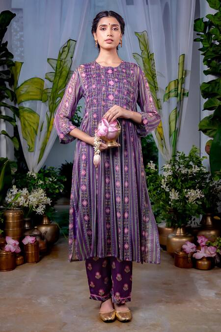 Shop Baise Gaba Purple Chiffon Embroidery Round Neck Kalpana Stripe Print Kurta Online at Aza Fashions Shop_Baise Gaba_Purple Chiffon Embroidery Round Neck Kalpana Stripe Print Kurta_Online_at_Aza_Fashions