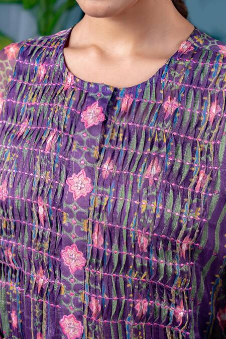 Buy Baise Gaba Purple Chiffon Embroidery Round Neck Kalpana Stripe Print Kurta Buy_Baise Gaba_Purple Chiffon Embroidery Round Neck Kalpana Stripe Print Kurta