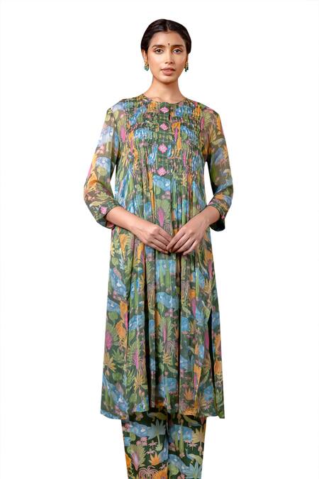 Buy Baise Gaba Green Chiffon Embroidery Round Neck Arthy Botanical Print Kurta Online at Aza Fashions Buy_Baise Gaba_Green Chiffon Embroidery Round Neck Arthy Botanical Print Kurta _Online_at_Aza_Fashions