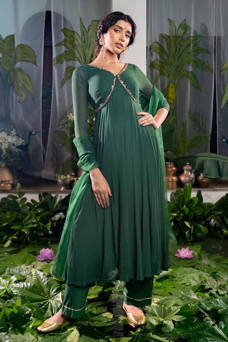 Baise Gaba Green Anarkali Chiffon Embroidery Pipe V Aishwarya Gota Sleeve Embellished Set 