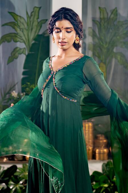 Shop Baise Gaba Green Chiffon, Organza, Modal Gota Aishwarya Sleeve Embellished Anarkali Set Online at Aza Fashions Shop_Baise Gaba_Green Chiffon, Organza, Modal Gota Aishwarya Sleeve Embellished Anarkali Set _Online_at_Aza_Fashions