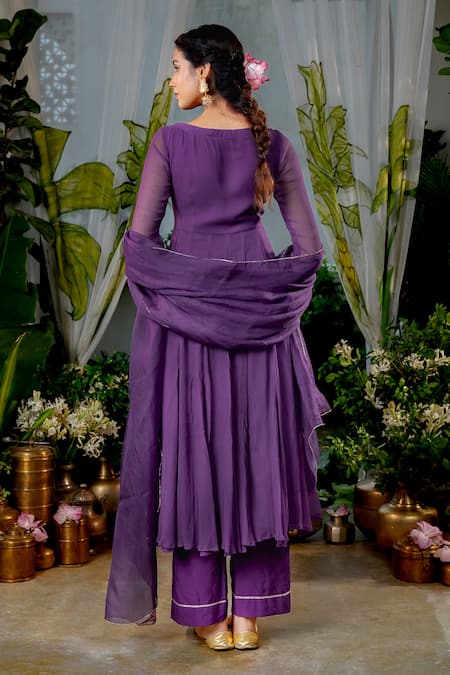 Shop Baise Gaba Purple Chiffon, Organza, Modal, Cotton Gota Nishkha Neckline Anarkali Set at Aza Fashions Shop_Baise Gaba_Purple Chiffon, Organza, Modal, Cotton Gota Nishkha Neckline Anarkali Set _at_Aza_Fashions