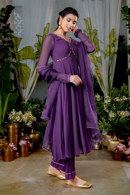 Baise Gaba Purple Chiffon, Organza, Modal, Cotton Gota Nishkha Neckline Anarkali Set at Aza Fashions Baise Gaba_Purple Chiffon, Organza, Modal, Cotton Gota Nishkha Neckline Anarkali Set _at_Aza_Fashions