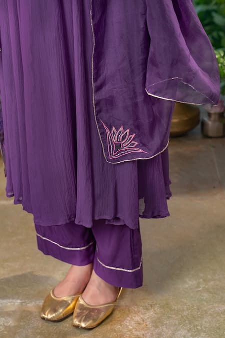 Buy Baise Gaba Purple Chiffon, Organza, Modal, Cotton Gota Nishkha Neckline Anarkali Set Buy_Baise Gaba_Purple Chiffon, Organza, Modal, Cotton Gota Nishkha Neckline Anarkali Set