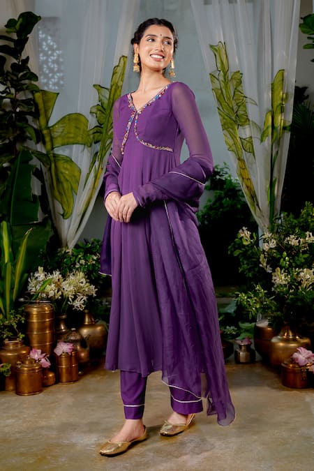 Baise Gaba Purple Chiffon Embroidery Pipe V Neck Aishwarya Gota Sleeve Embellished Anarkali 