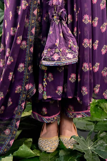 Buy_Baise Gaba_Purple Chiffon, Georgette, Modal, Satin Jinal Floral Butti Print Anarkali Set _Online_at_Aza_Fashions