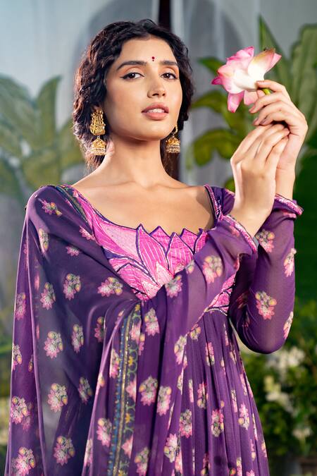 Buy_Baise Gaba_Purple Chiffon, Georgette, Modal, Satin Jinal Floral Butti Print Anarkali Set 