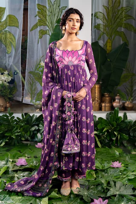 Baise Gaba Purple Chiffon Embroidery Round Neck Jinal Floral Butti Print Anarkali Online at Aza Fashions Baise Gaba_Purple Chiffon Embroidery Round Neck Jinal Floral Butti Print Anarkali _Online_at_Aza_Fashions