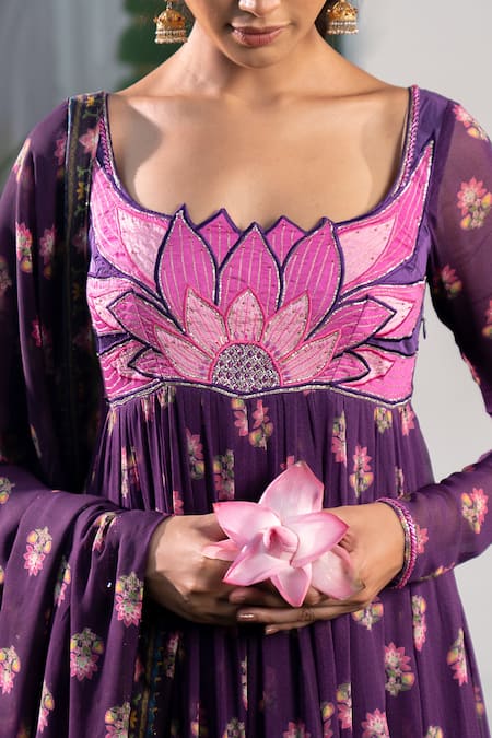 Shop Baise Gaba Purple Chiffon Embroidery Round Neck Jinal Floral Butti Print Anarkali Online at Aza Fashions Shop_Baise Gaba_Purple Chiffon Embroidery Round Neck Jinal Floral Butti Print Anarkali _Online_at_Aza_Fashions