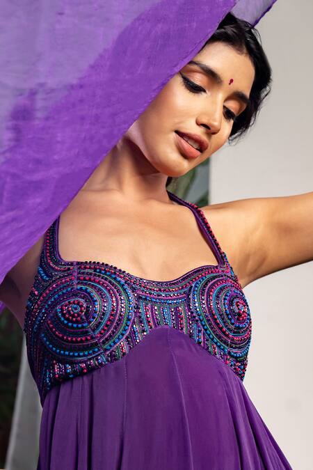 Shop Baise Gaba Purple Crepe Cut Work, Embroidery Halter Neck Athmika Cutdana Anarkali Online at Aza Fashions Shop_Baise Gaba_Purple Crepe Cut Work, Embroidery Halter Neck Athmika Cutdana Anarkali _Online_at_Aza_Fashions