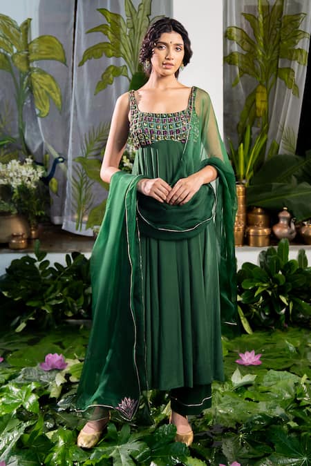 Baise Gaba Green Anarkali Crepe Embellished Stone Square Neck Maanasa Set 