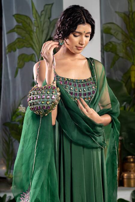 Buy Baise Gaba Green Crepe, Organza, Modal, Cotton Stones Maanasa Embellished Anarkali Set Online at Aza Fashions Buy_Baise Gaba_Green Crepe, Organza, Modal, Cotton Stones Maanasa Embellished Anarkali Set _Online_at_Aza_Fashions