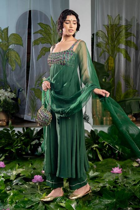 Shop Baise Gaba Green Crepe, Organza, Modal, Cotton Stones Maanasa Embellished Anarkali Set Online at Aza Fashions Shop_Baise Gaba_Green Crepe, Organza, Modal, Cotton Stones Maanasa Embellished Anarkali Set _Online_at_Aza_Fashions